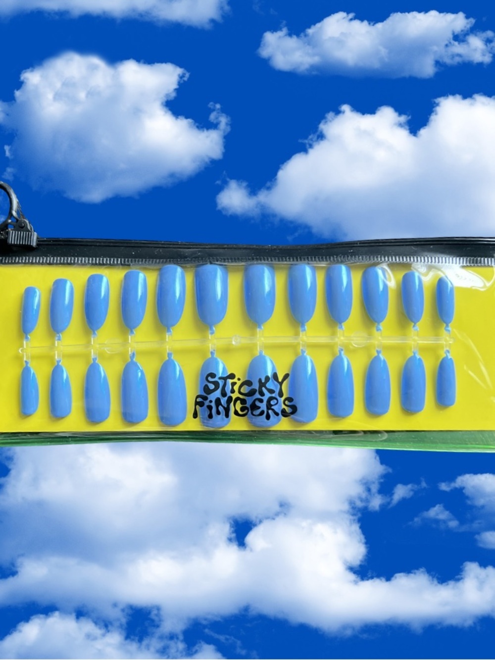 Sticky Fingers Iridescent Blue Press-On Nail Set in Clear Zip Pouch Hand Painted